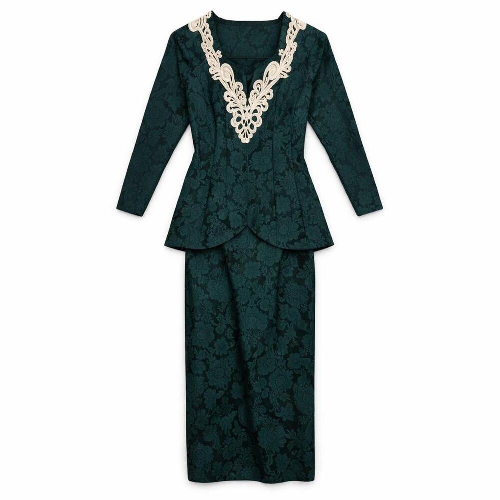 Scott McClinton VTG 80s peplum emerald green‎ brocade dress elegant romantic